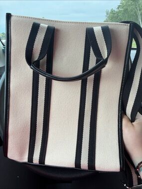 BCBG tan and Black Striped Canvas Tote NWT